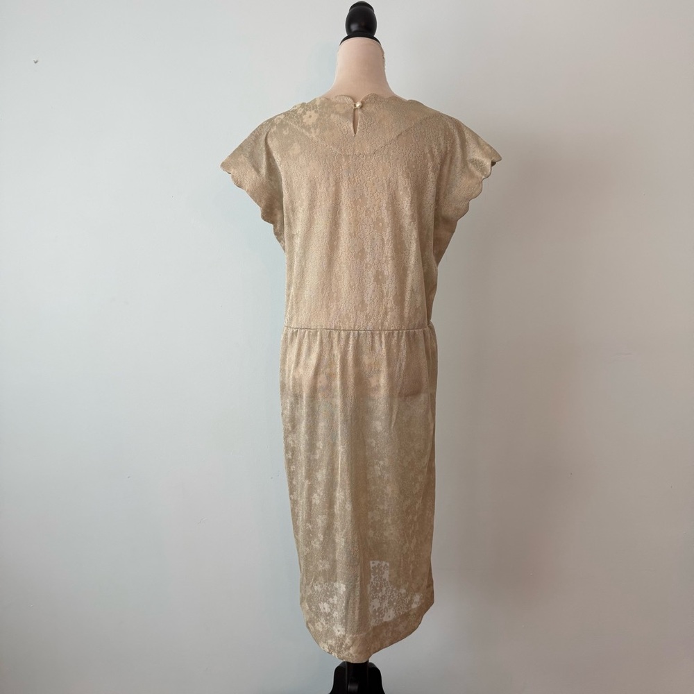 💚 Vintage Sage Green Sheer Jacquard Belted Midi Dress Scalloped Neck - Picture 9 of 14